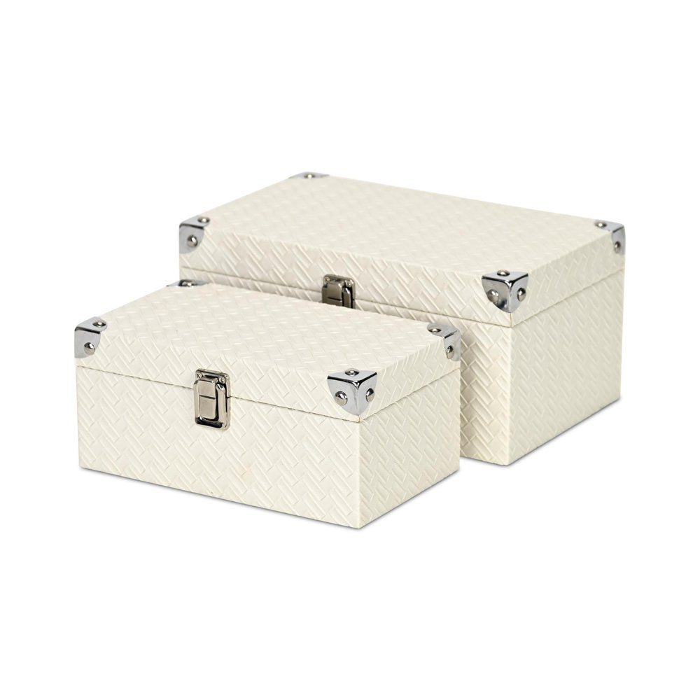 Set of Two White Nesting Metal And Solid Wood Organizing Box With Lid