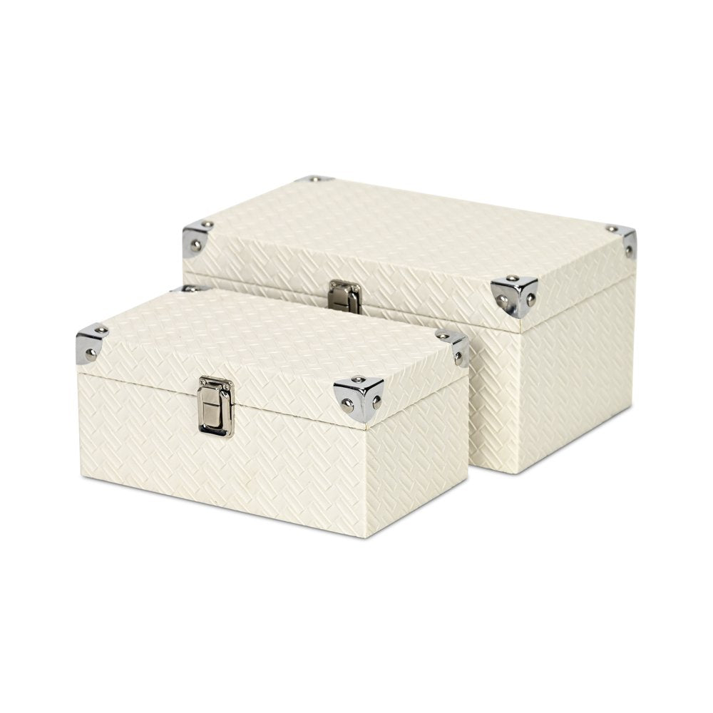 Set of Two White Nesting Metal And Solid Wood Organizing Box With Lid