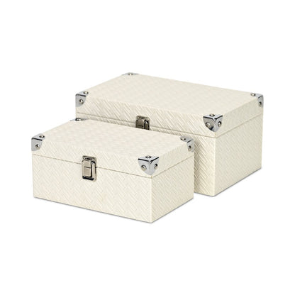 Set of Two White Nesting Metal And Solid Wood Organizing Box With Lid