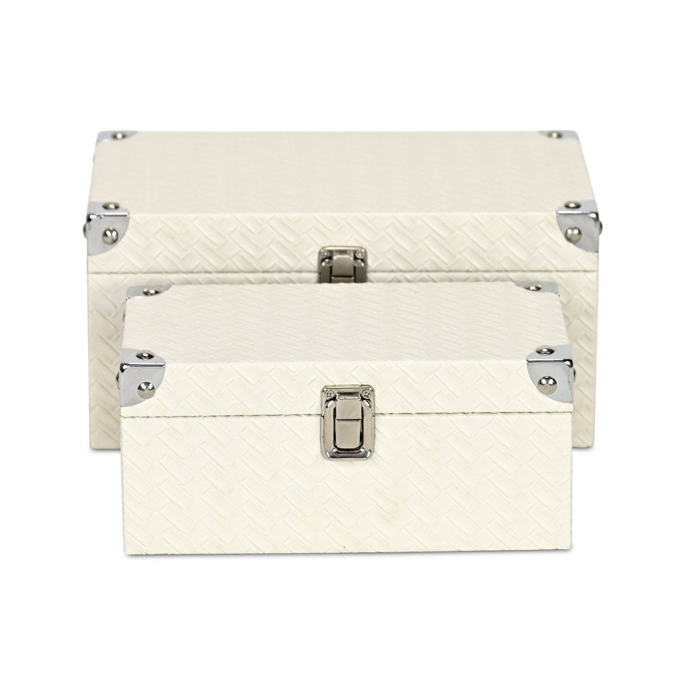 Set of Two White Nesting Metal And Solid Wood Organizing Box With Lid