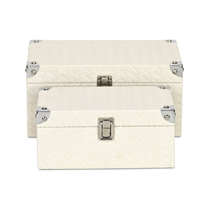 Set of Two White Nesting Metal And Solid Wood Organizing Box With Lid