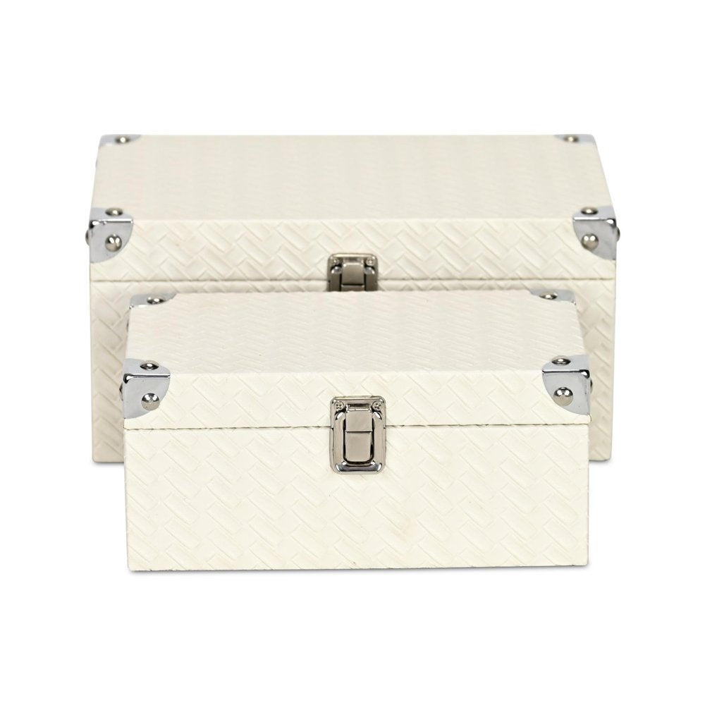 Set of Two White Nesting Metal And Solid Wood Organizing Box With Lid