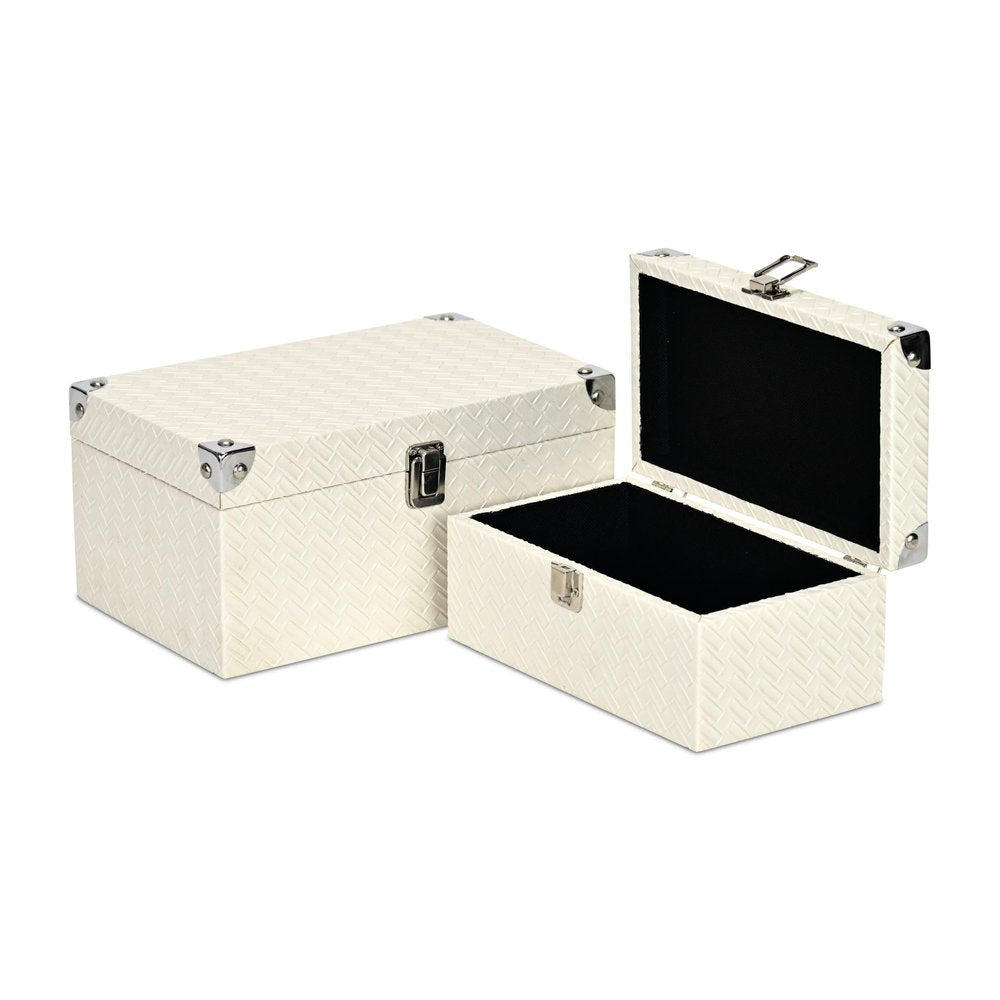 Set of Two White Nesting Metal And Solid Wood Organizing Box With Lid
