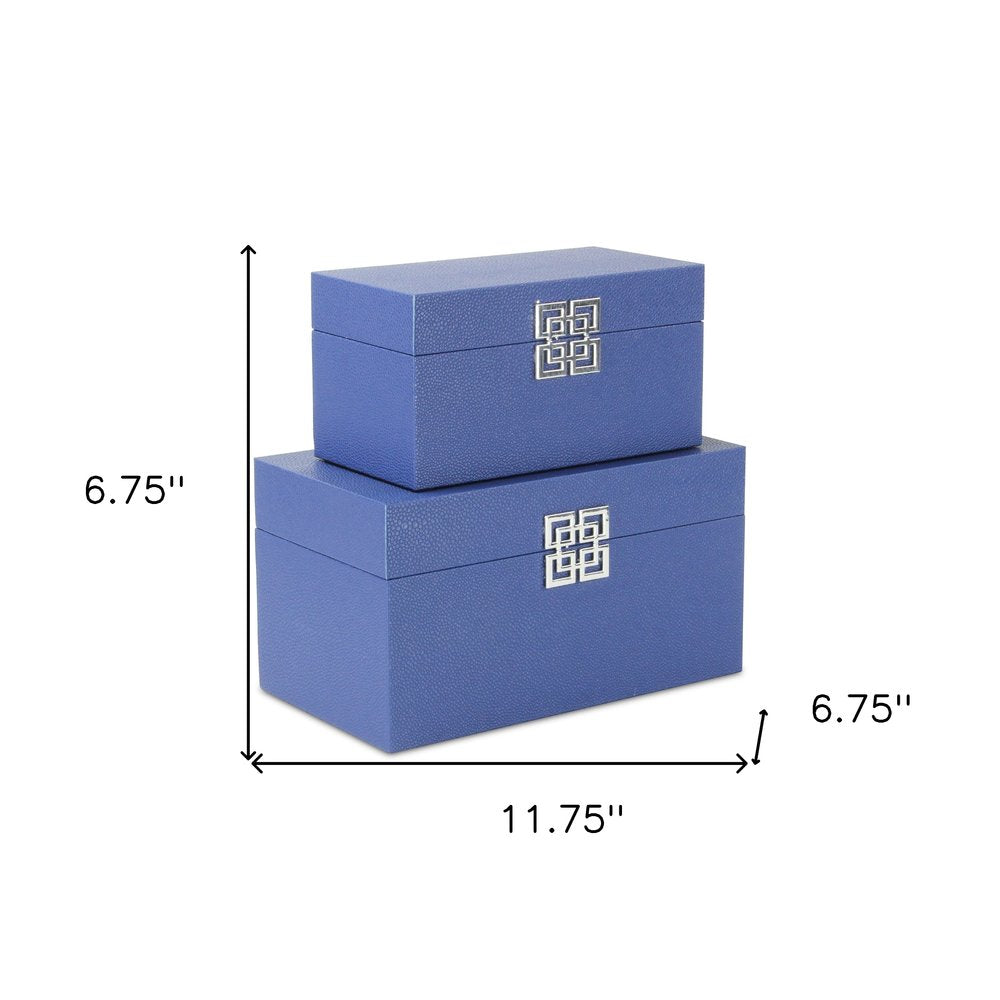 Set of Two Navy Blue Nesting Wood And Shagreen Organizing Box With Lid