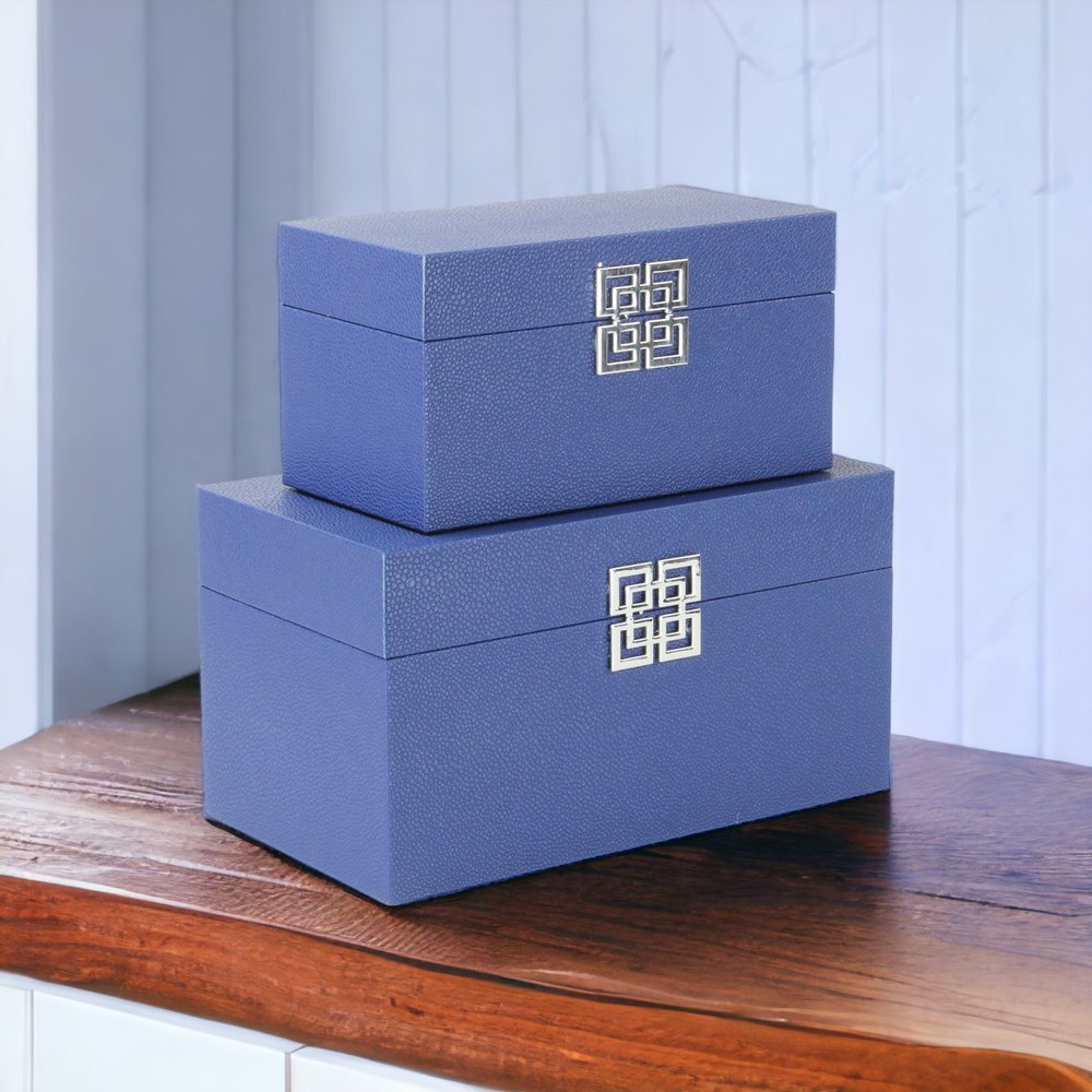 Set of Two Navy Blue Nesting Wood And Shagreen Organizing Box With Lid