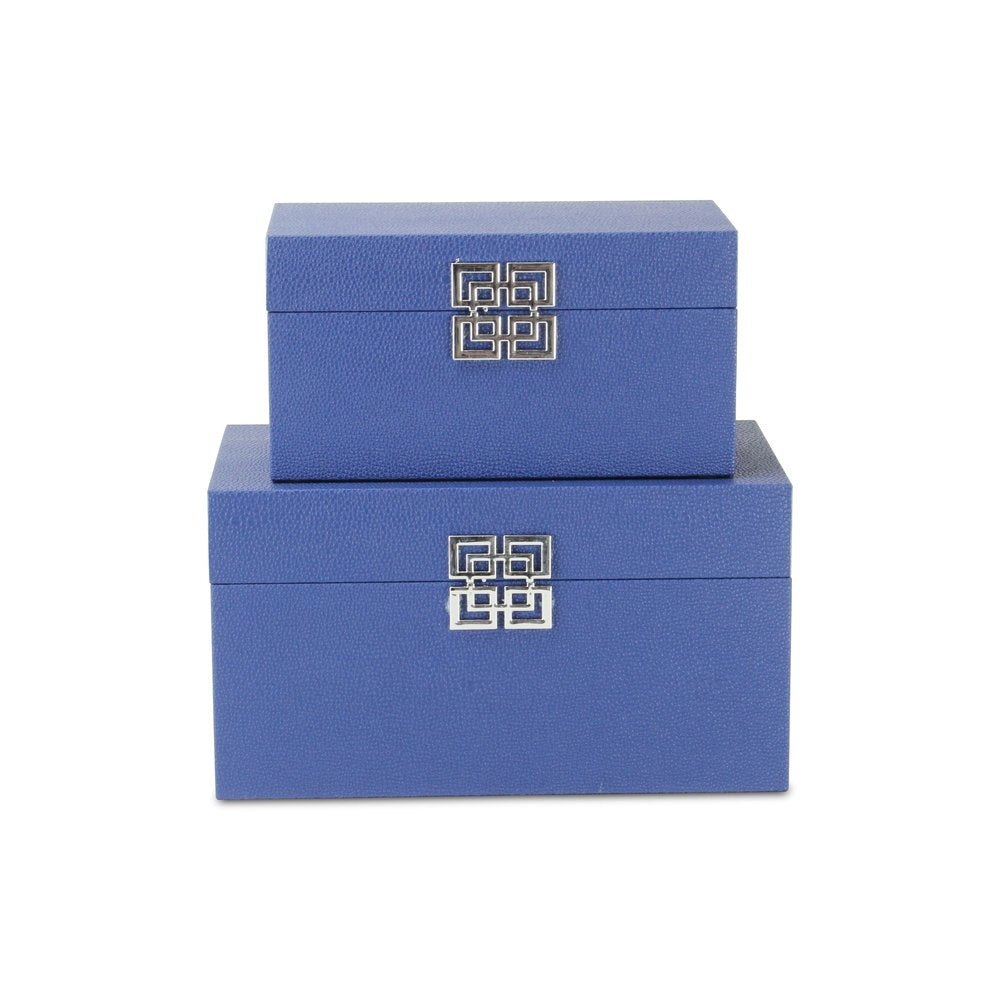 Set of Two Navy Blue Nesting Wood And Shagreen Organizing Box With Lid