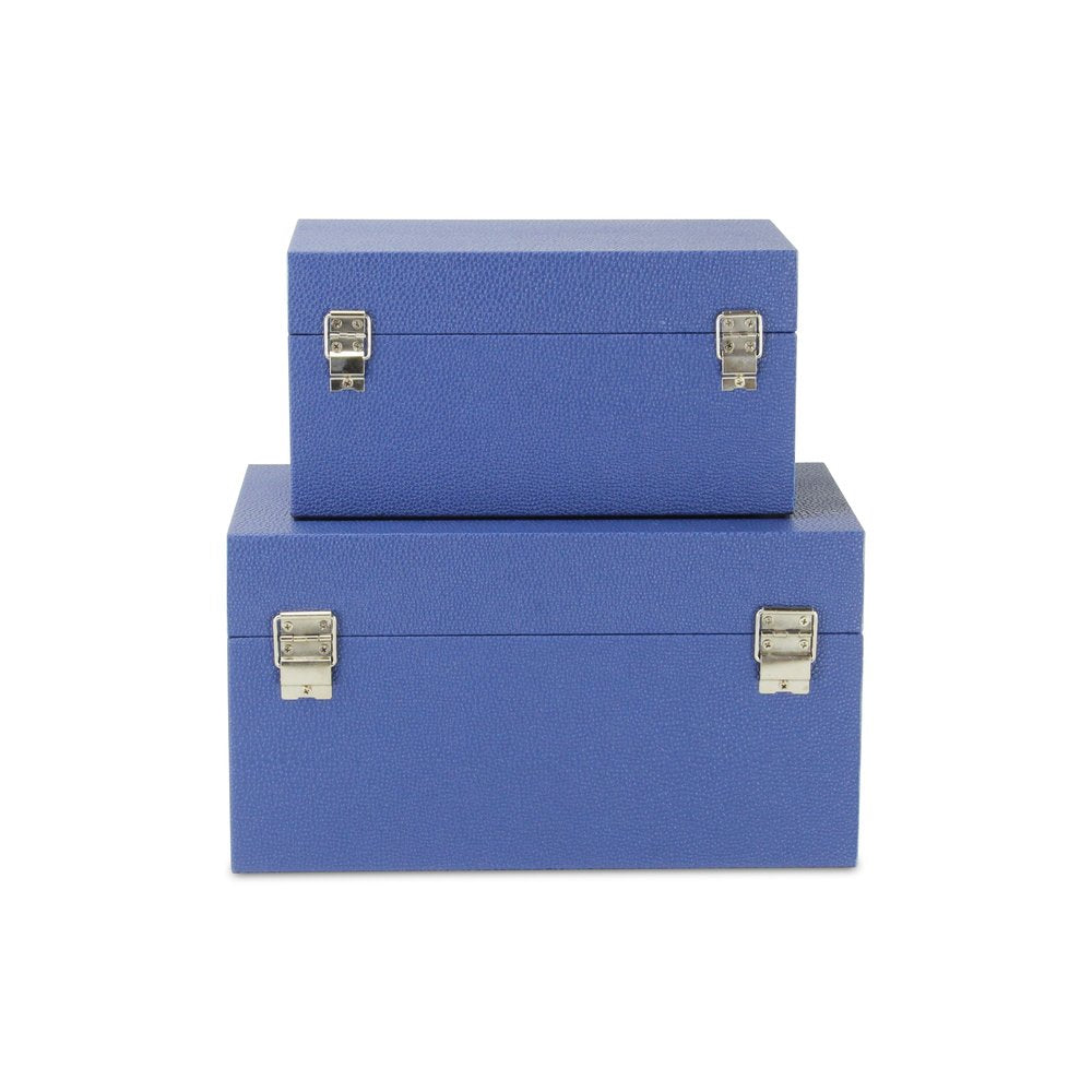 Set of Two Navy Blue Nesting Wood And Shagreen Organizing Box With Lid