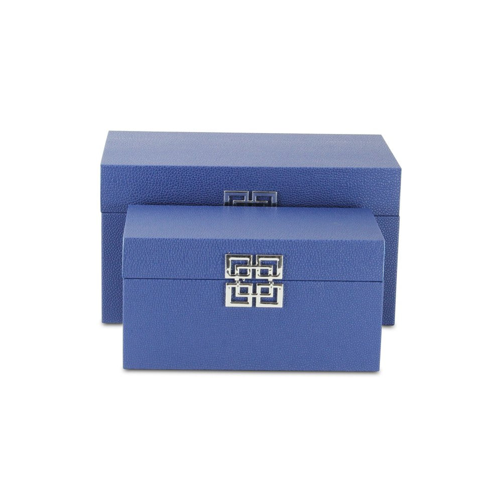 Set of Two Navy Blue Nesting Wood And Shagreen Organizing Box With Lid