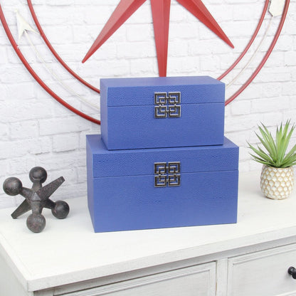 Set of Two Navy Blue Nesting Wood And Shagreen Organizing Box With Lid