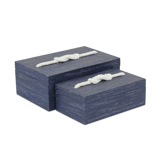 Set of Two Blue Nesting Solid Wood Organizing Box With Lid