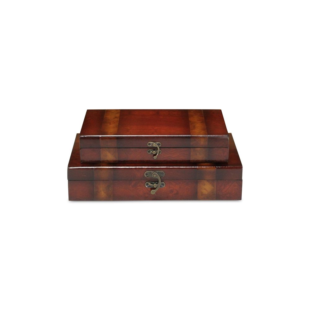 Set of Two Brown Nesting Wood Organizing Box With Lid