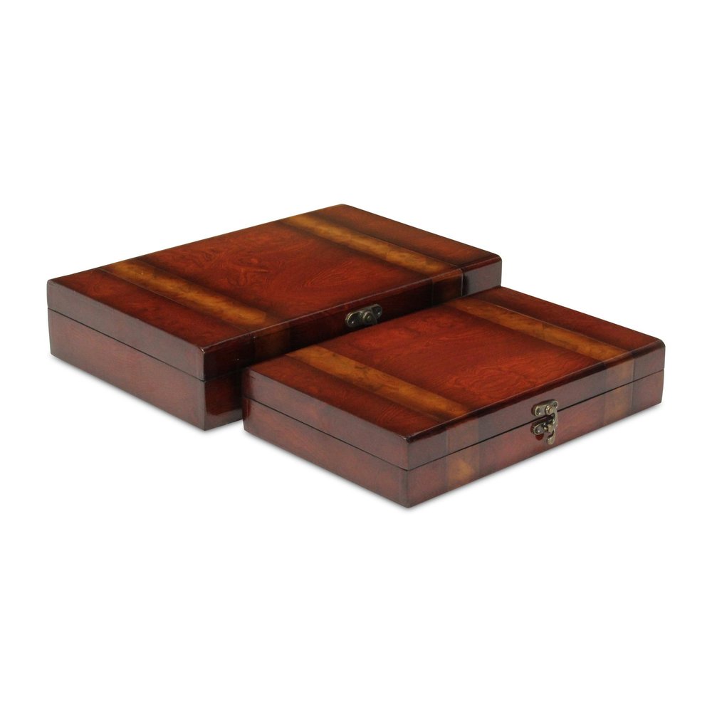 Set of Two Brown Nesting Wood Organizing Box With Lid