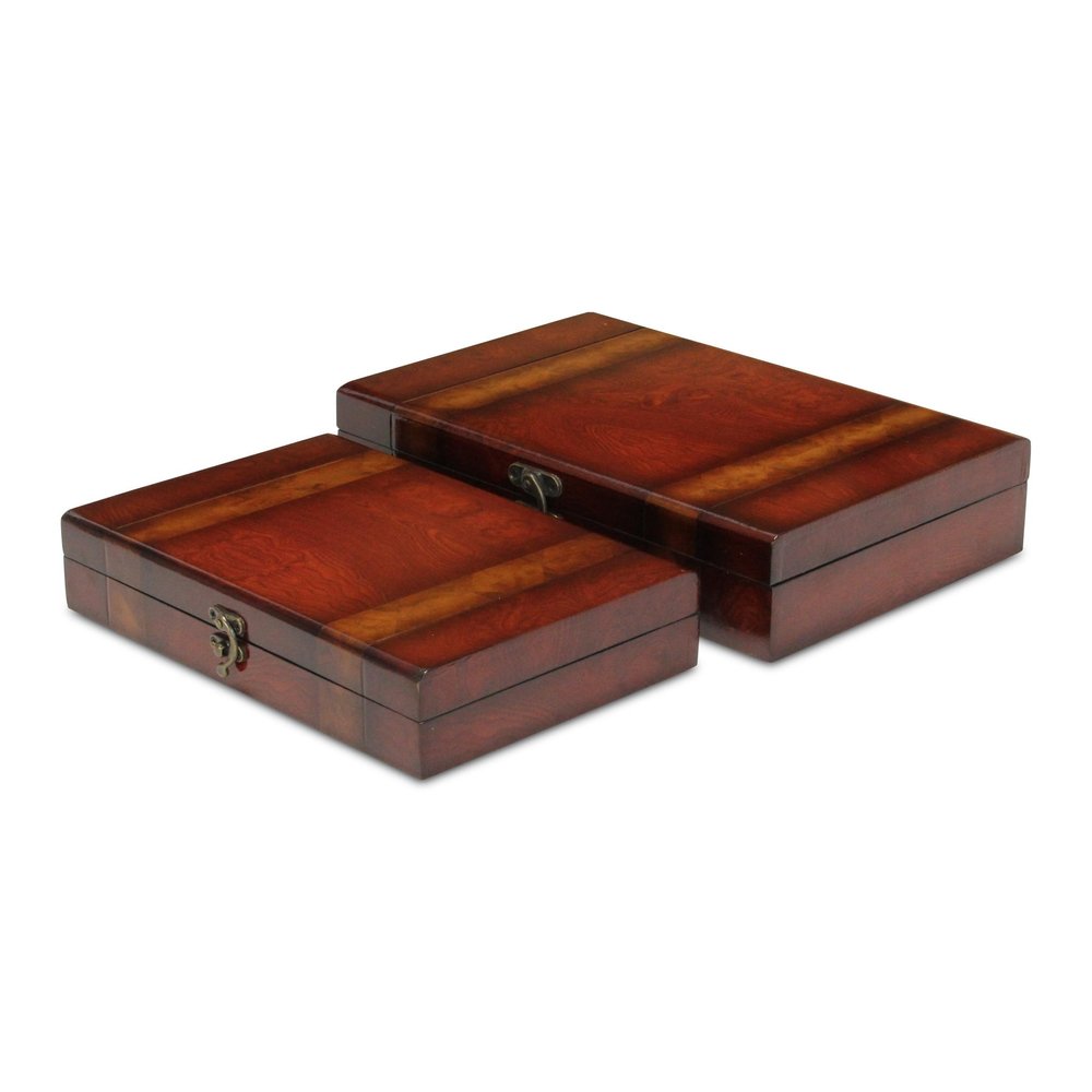 Set of Two Brown Nesting Wood Organizing Box With Lid