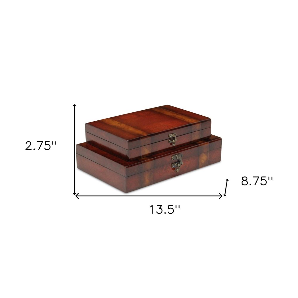Set of Two Brown Nesting Wood Organizing Box With Lid