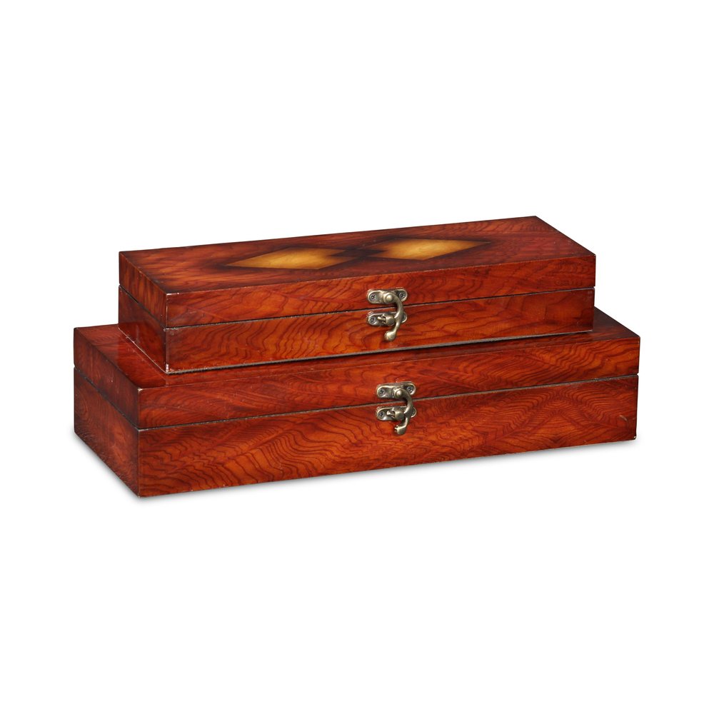 Set of Two Brown Nesting Wood Organizing Box With Lid