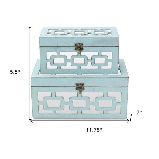 Set of Two Blue And White Nesting Wood And Mirrored Glass Organizing Box With Lid
