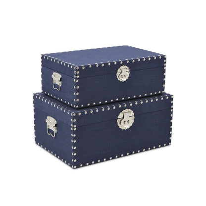 Set of Two Navy Blue Nesting Wood Fabric And Metal Organizing Box With Lid