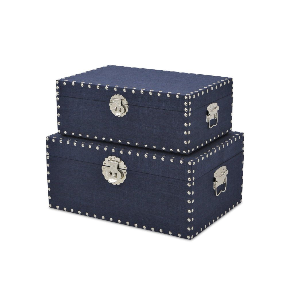 Set of Two Navy Blue Nesting Wood Fabric And Metal Organizing Box With Lid
