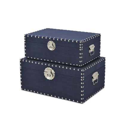 Set of Two Navy Blue Nesting Wood Fabric And Metal Organizing Box With Lid