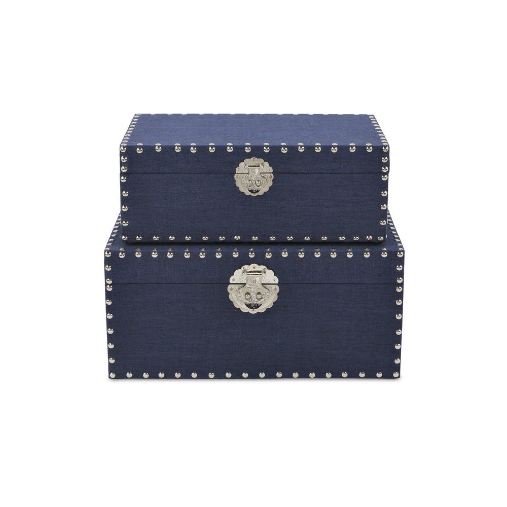 Set of Two Navy Blue Nesting Wood Fabric And Metal Organizing Box With Lid