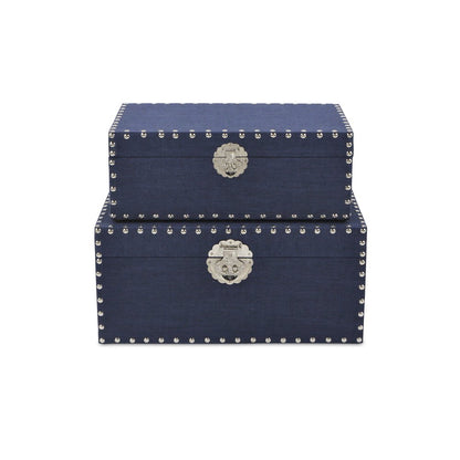 Set of Two Navy Blue Nesting Wood Fabric And Metal Organizing Box With Lid