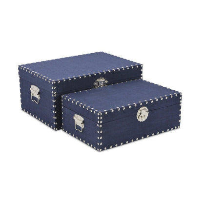 Set of Two Navy Blue Nesting Wood Fabric And Metal Organizing Box With Lid