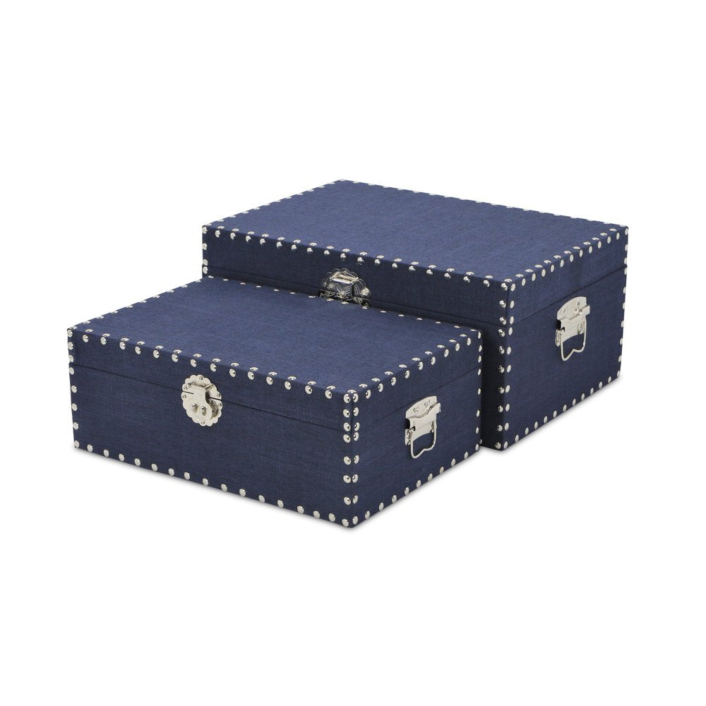 Set of Two Navy Blue Nesting Wood Fabric And Metal Organizing Box With Lid