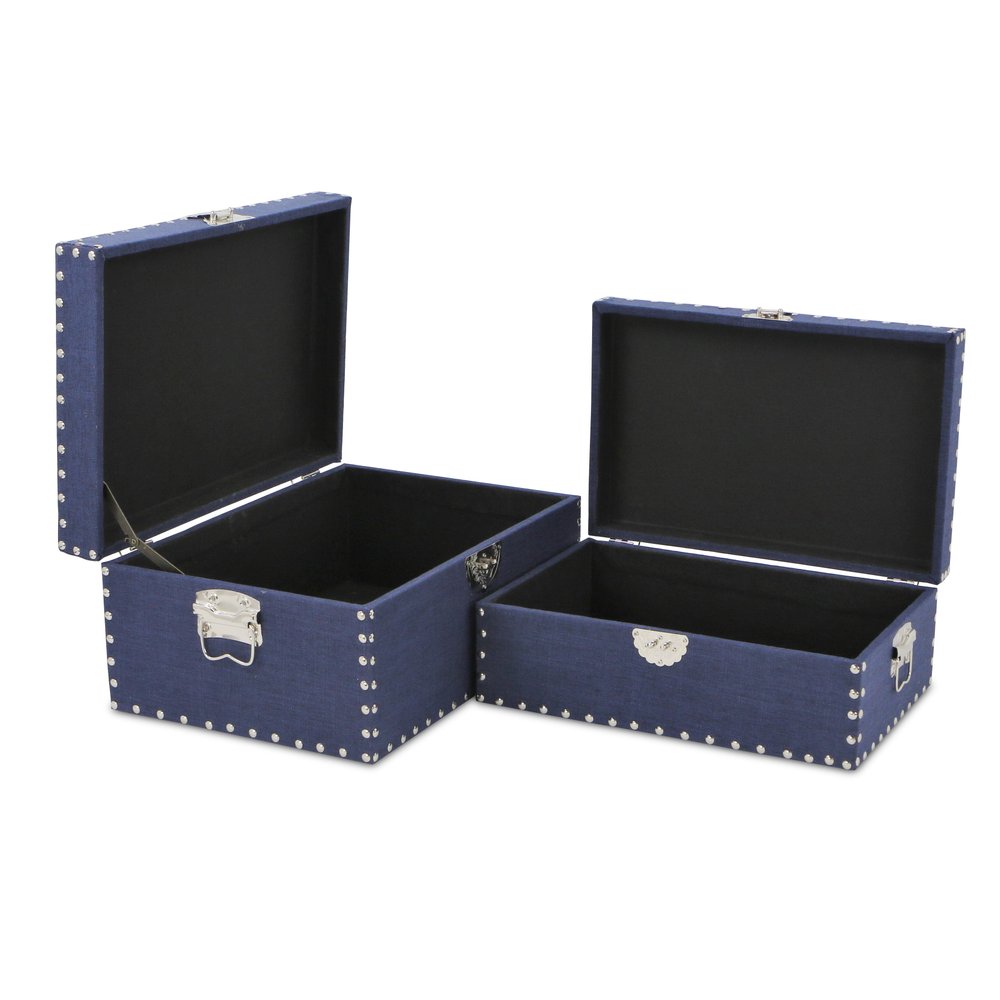 Set of Two Navy Blue Nesting Wood Fabric And Metal Organizing Box With Lid