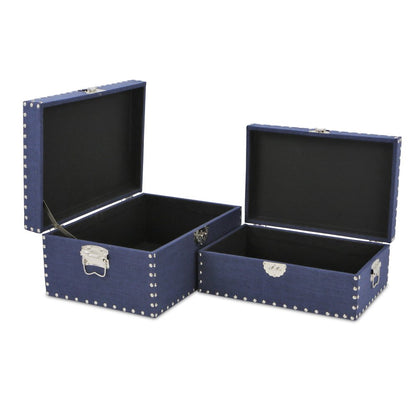 Set of Two Navy Blue Nesting Wood Fabric And Metal Organizing Box With Lid