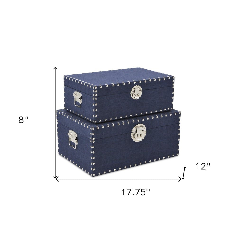 Set of Two Navy Blue Nesting Wood Fabric And Metal Organizing Box With Lid