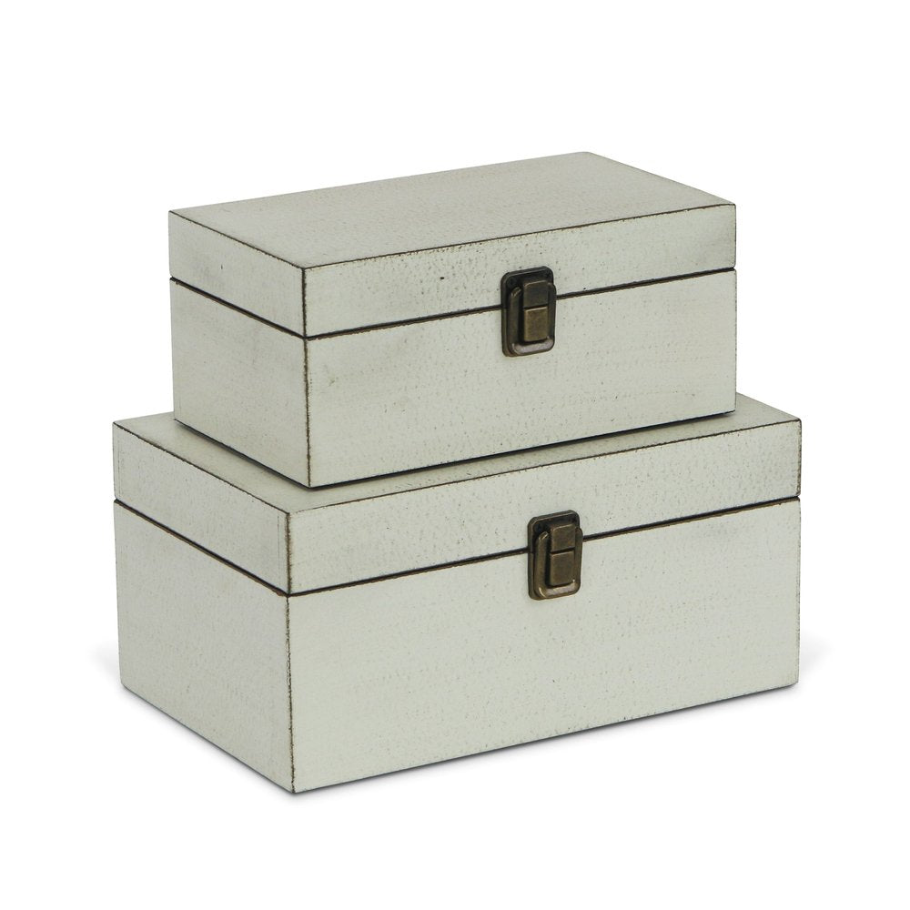 Set of Two Off White Nesting Solid Wood Organizing Box With Lid