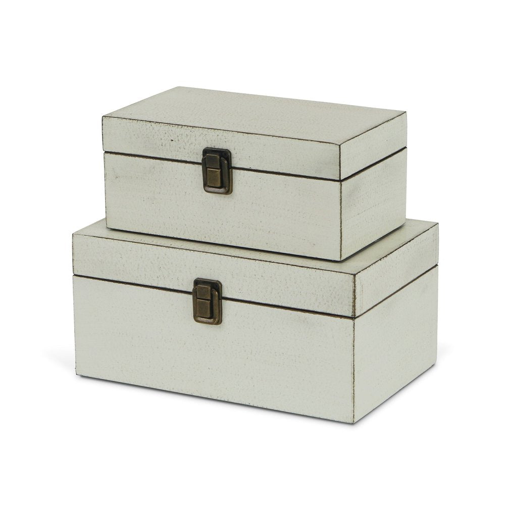 Set of Two Off White Nesting Solid Wood Organizing Box With Lid
