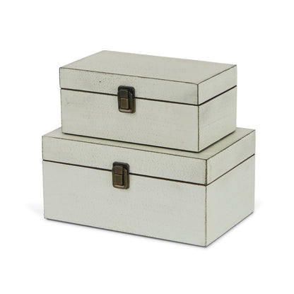 Set of Two Off White Nesting Solid Wood Organizing Box With Lid