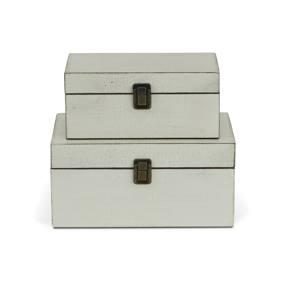 Set of Two Off White Nesting Solid Wood Organizing Box With Lid