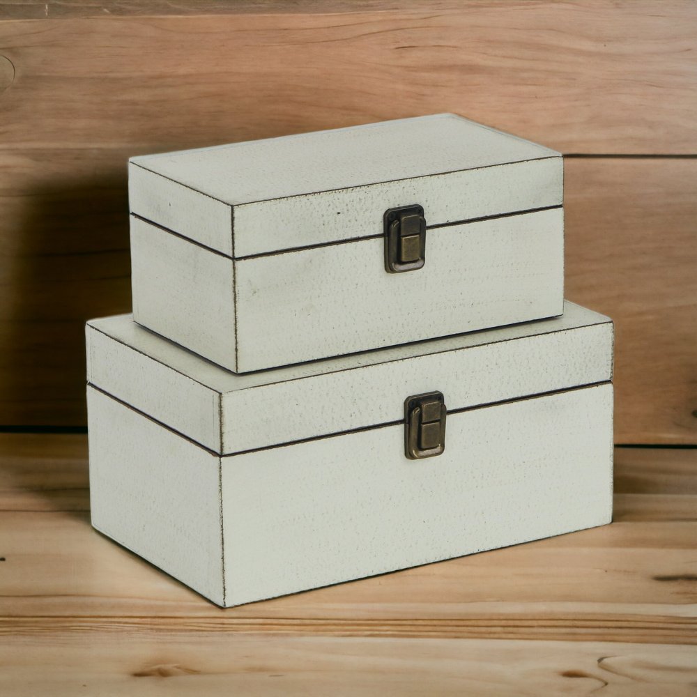 Set of Two Off White Nesting Solid Wood Organizing Box With Lid