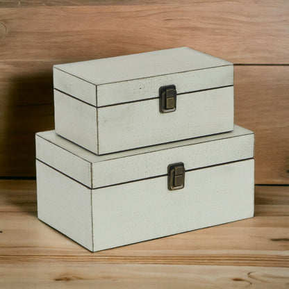 Set of Two Off White Nesting Solid Wood Organizing Box With Lid