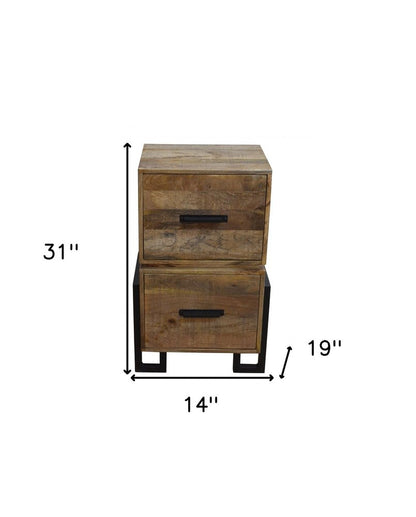 31" Brown And Black Distressed Solid Wood And Iron Two Drawer Filing Cabinet
