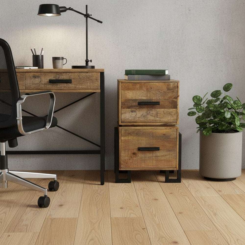 31" Brown And Black Distressed Solid Wood And Iron Two Drawer Filing Cabinet