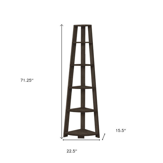 71" Oak Particle Board and Wood Five Tier Corner Bookcase