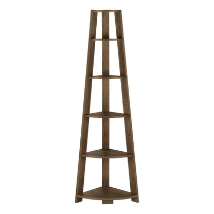 71" Dark Brown Wood Five Tier Corner Bookcase