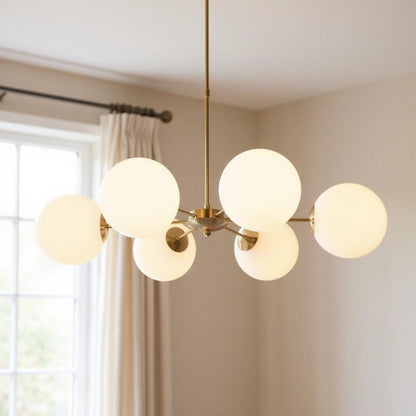 Brass Sputnik Six Light Metal Chandelier With White Shades