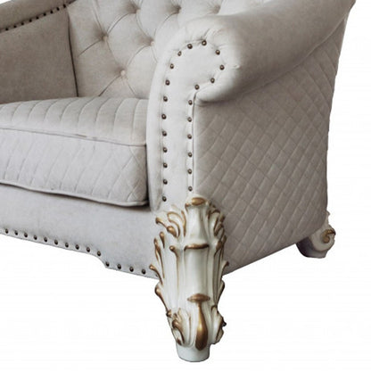 43" Ivory and Pearl Fabric Striped Arm Chair And Toss Pillows