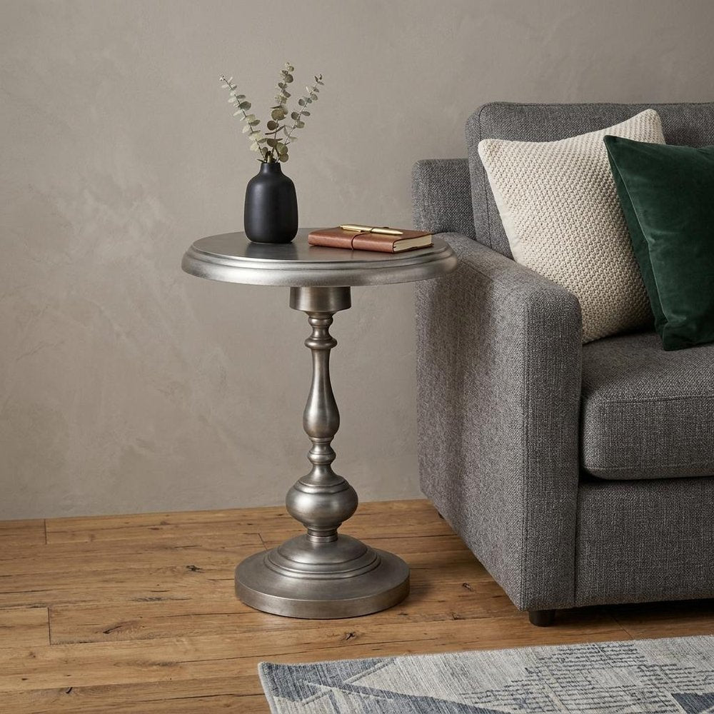 24" Antique Nickle Metal Round End Table