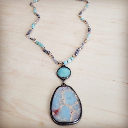 **Amazonite & Crystal Long Beaded Necklace w/ Large Jasper Pendant 262q