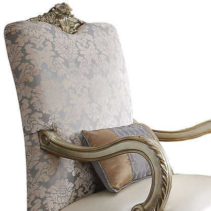 34" Pearl and Gold Faux Leather Floral Arm Chair And Toss Pillow