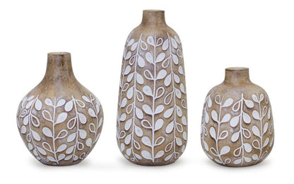 Set of three 9" Polyresin Brown and White Leaf Round Table Vase