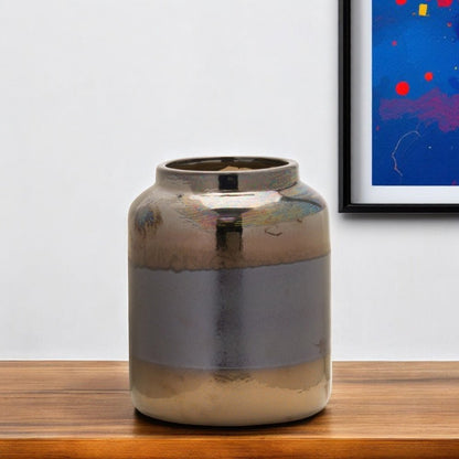 9" Black and Blue Striped Cylinder Clay Table Vase