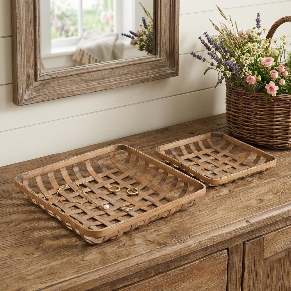 Set of Two Brown Square Bamboo Vanity Tray
