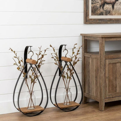 Set of Two Black Brown And Clear Cylinder Glass Metal And Wood Wall Vase