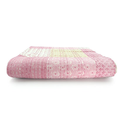 50" X 70" Green Patchwork Silk Quilted Kantha Throw Blanket with Embroidery